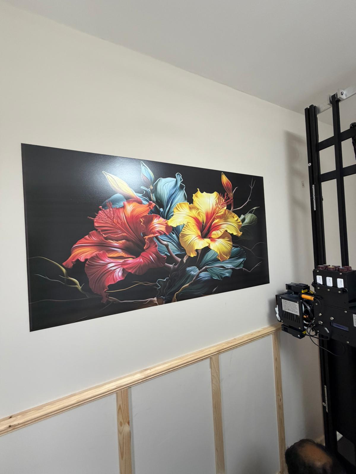 Bold hibiscus flowers printed on a dark background