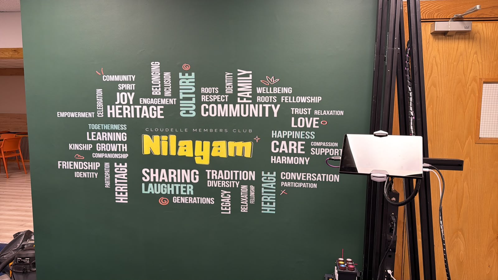 Word-cloud feature wall for the Nilayam members' club