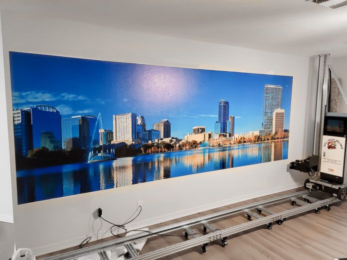 City skyline photographic mural printed across a wall