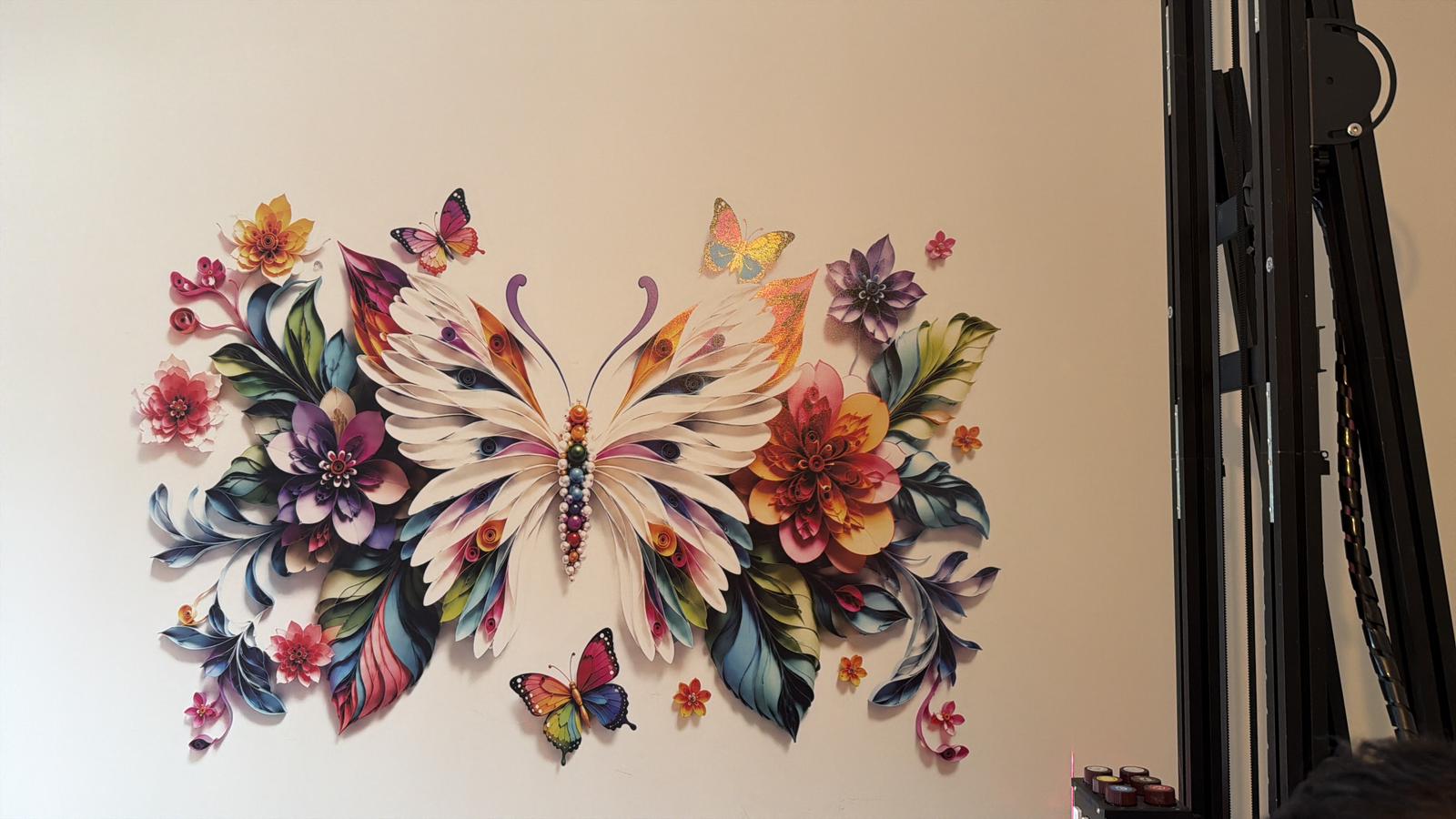 3D-effect butterfly and floral mural printed on a wall